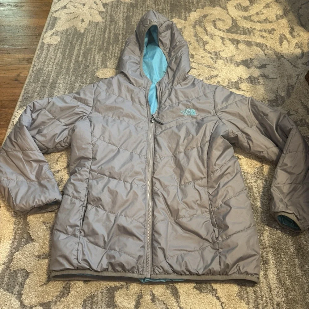The‎ North Face GIRLS Reversible Fleece Lined Winter Jacket XL, Light Gray/Aqua
